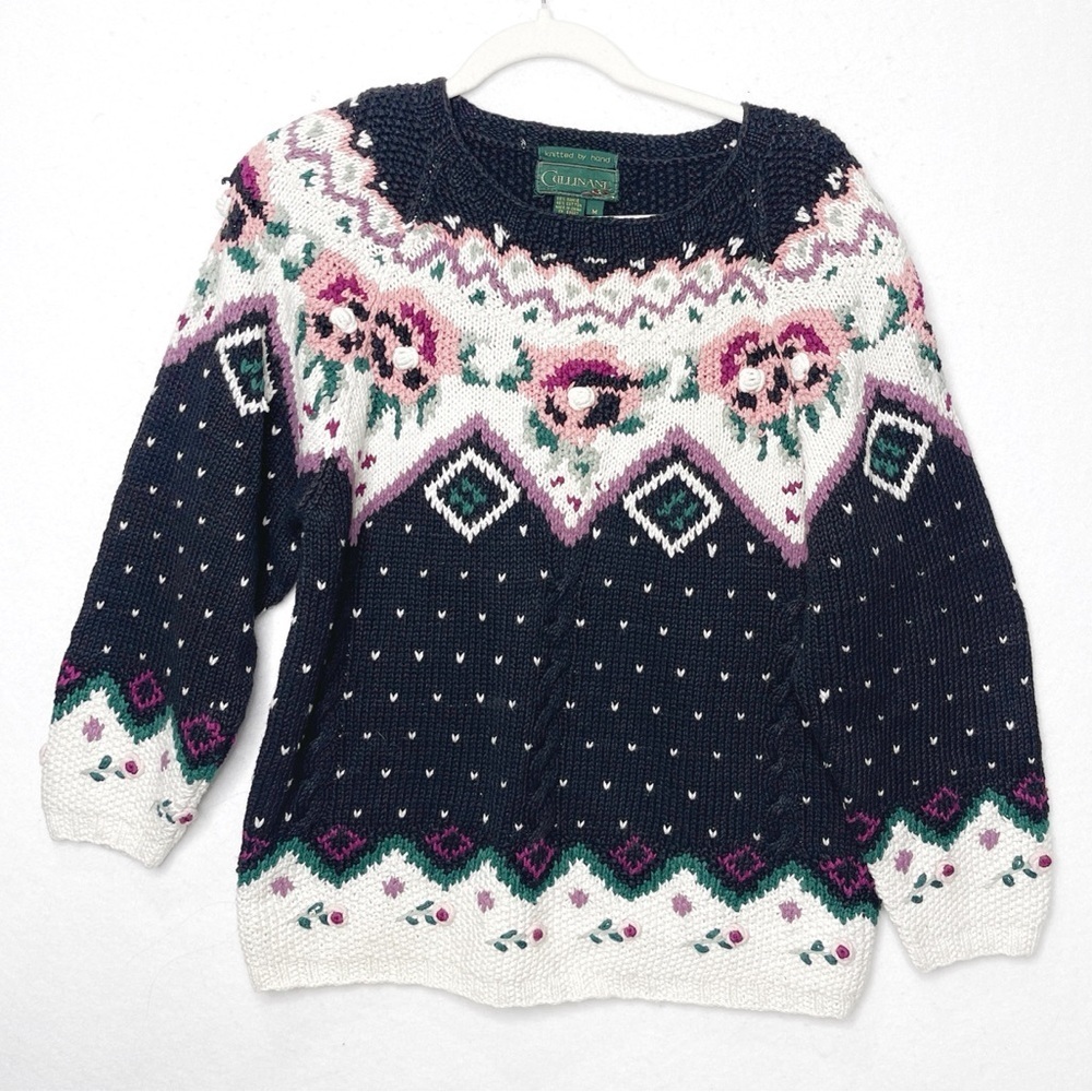 Cullinane Vtg 80s Grandma Floral Cottagecore Sweater Hand-Knit Medium Coquette